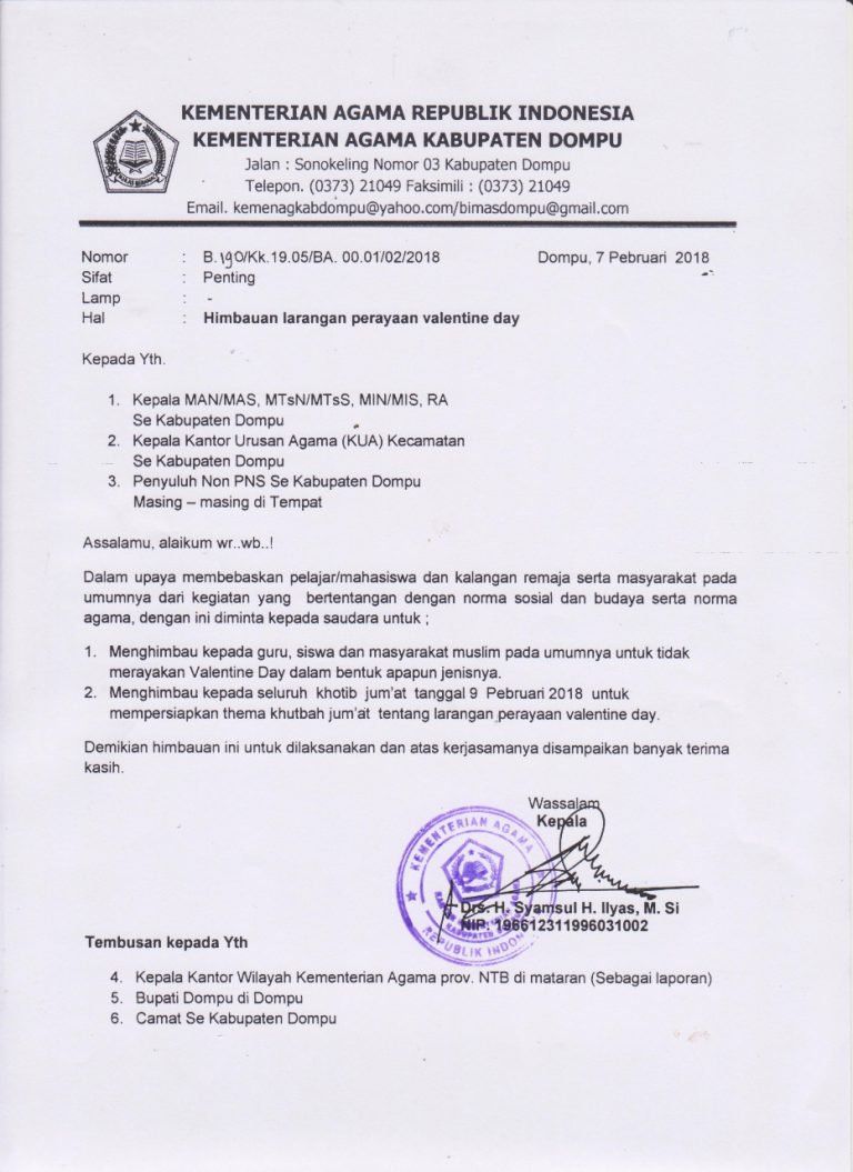 Kemenag Kabupaten Dompu Keluarkan Surat Imbauan Larangan Perayaan Valentine Day