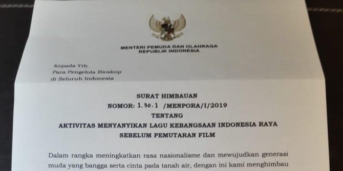 Baru Dirilis, Imbauan Nyanyikan ‘Indonesia Raya’ di Bioskop Langsung Dicabut