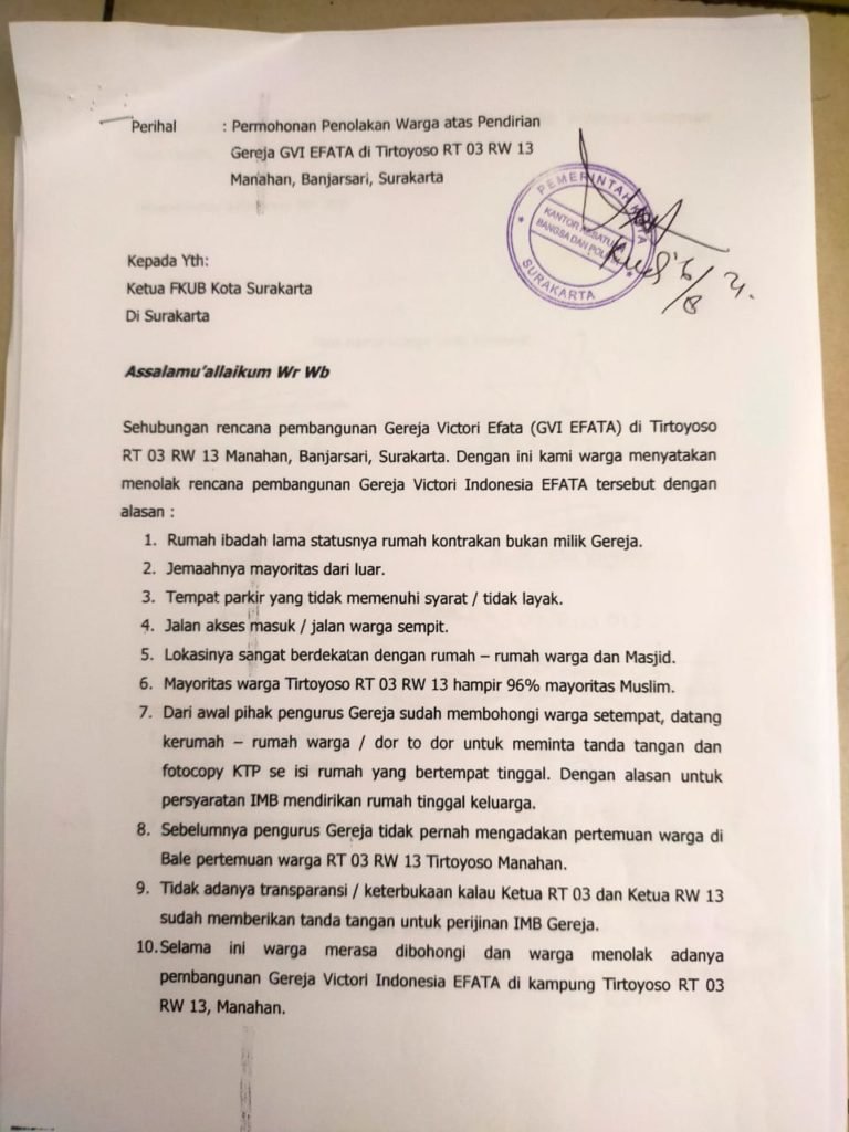 Warga Tirtoyoso Manahan Surakarta Tolak Pembangunan Gereja Victori Efata