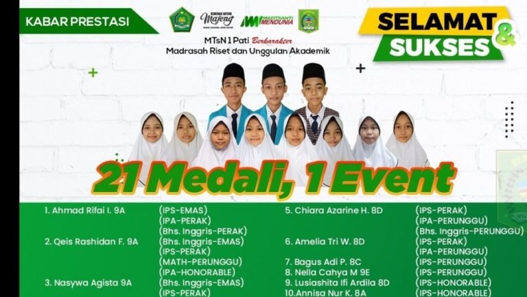 21 Medali Emas Diraih Siswa MTsN Pati di Ajang Cynsure Olympics